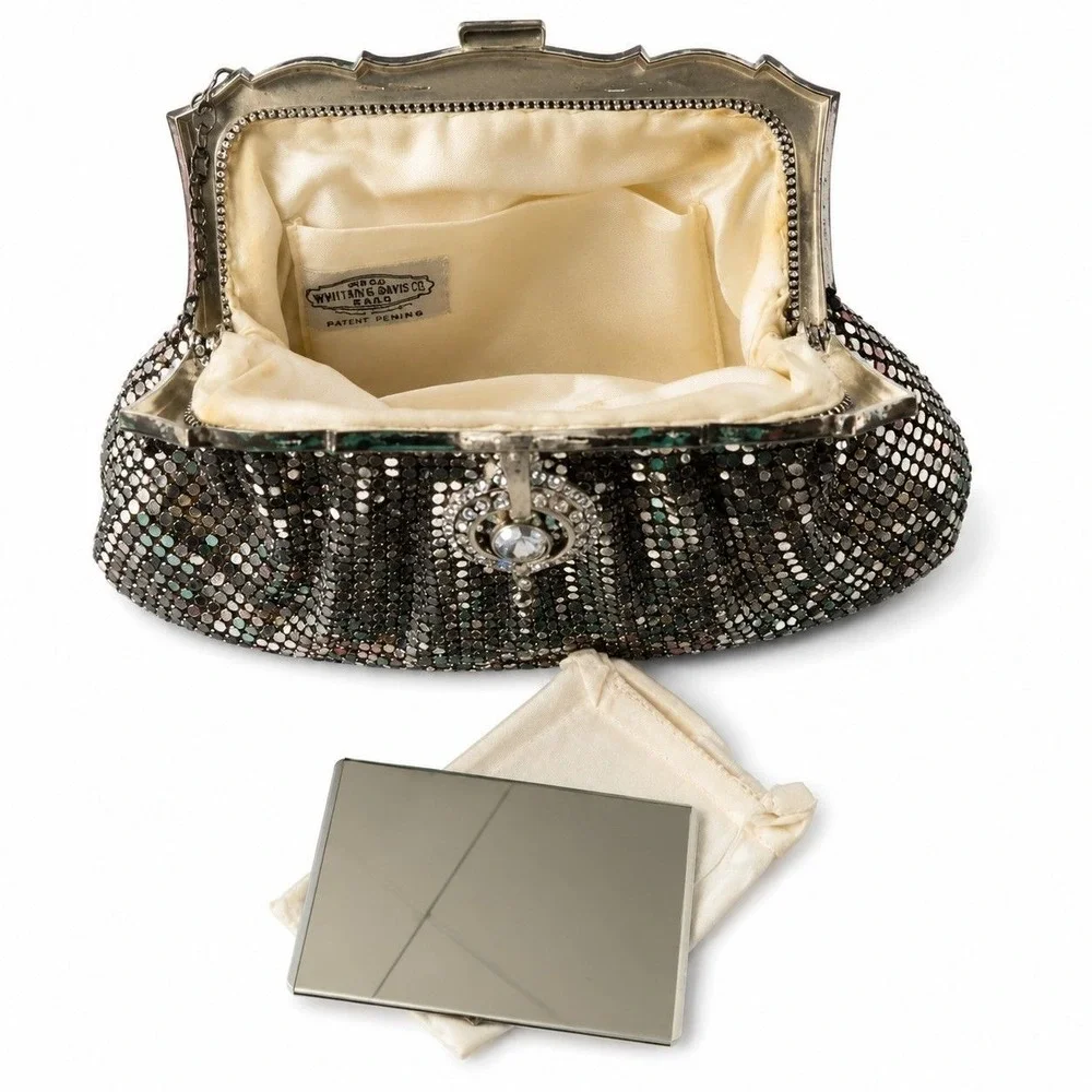 Vintage 1940s Whiting & Davis Silver Mesh Evening Bag Rhinestone Clasp Purse